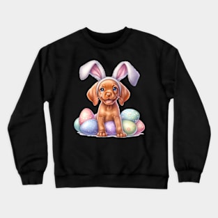 Puppy Vizsla Bunny Ears Easter Eggs Happy Easter Day Crewneck Sweatshirt